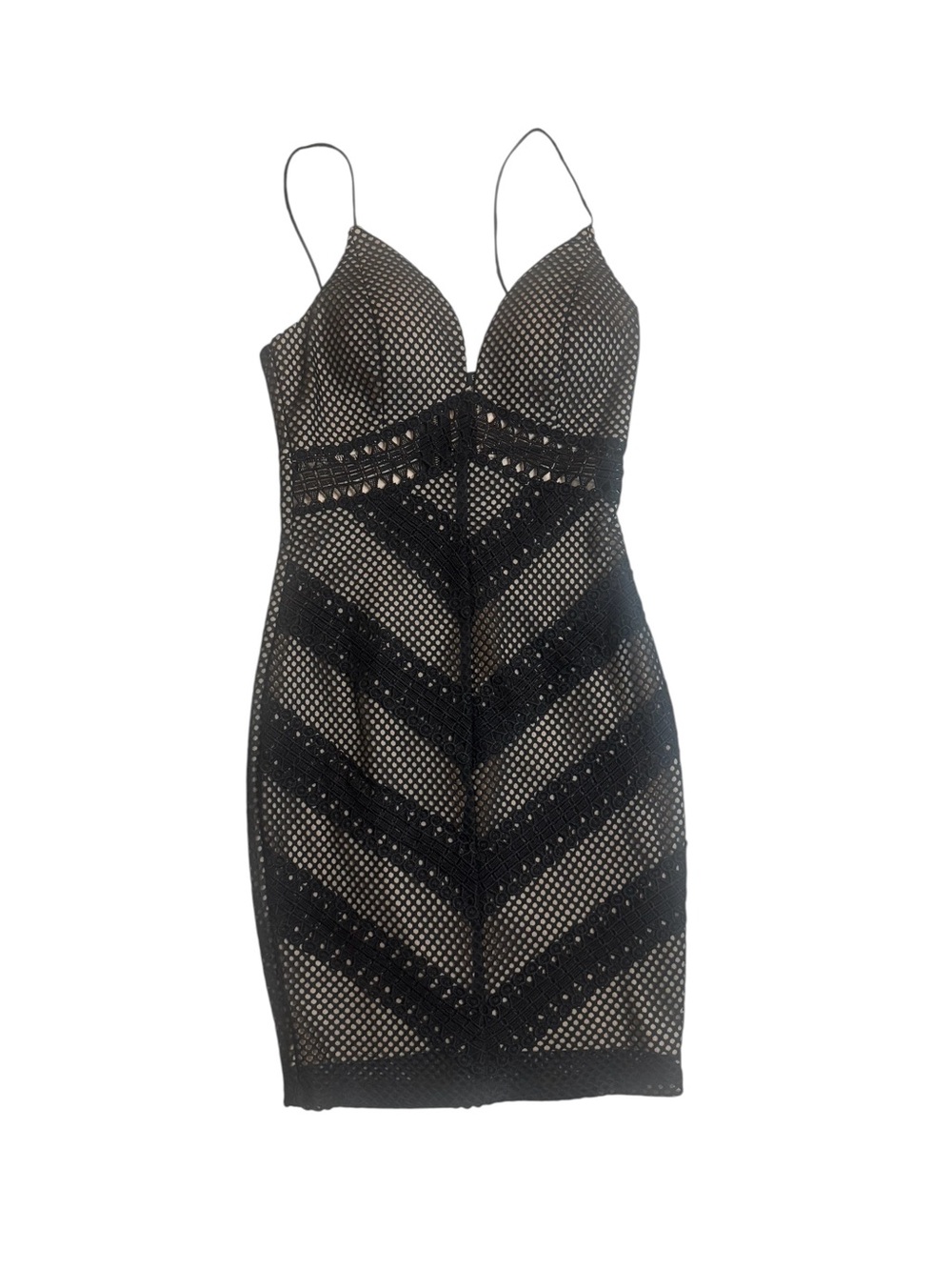 ENTRY Black Mesh Chevron Midi Dress Size S Bodycon Sheer Lined - Picture 6 of 10
